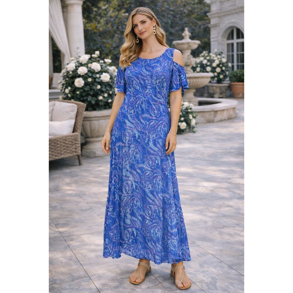 SOFT SURROUNDINGS Blue Floral Cold Shoulder Maxi Dress Size M #2CL19